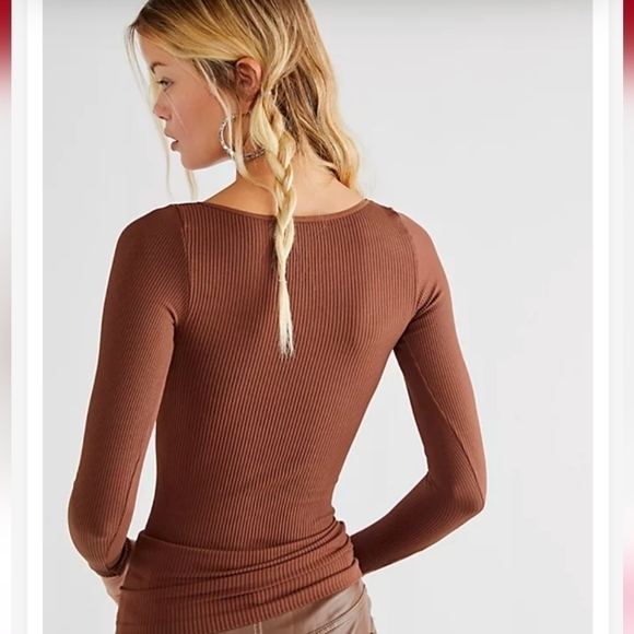 Free People Casual Friday ribbed lace Long Sleeve cappuccino brown large - Picture 5 of 10